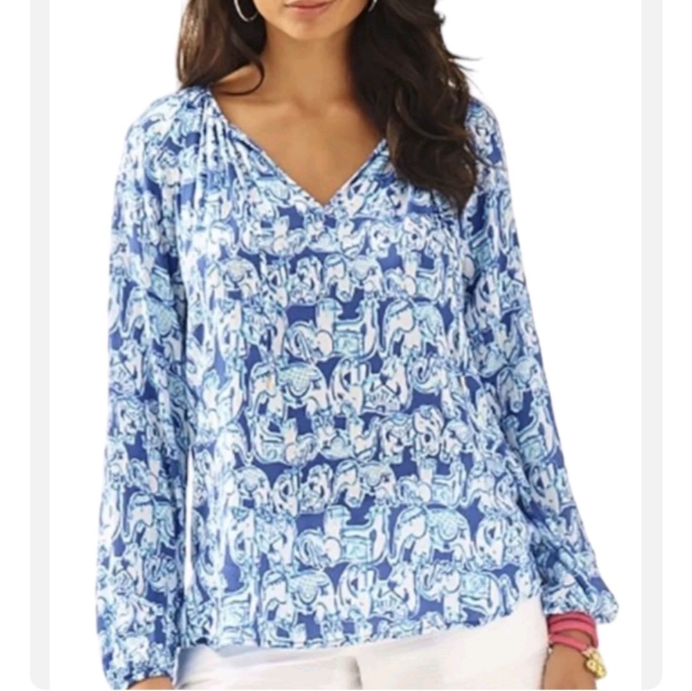 Lilly Pulitzer Willa Tunic Blouse Get Trunky Elephant Print Blue White Sz Small